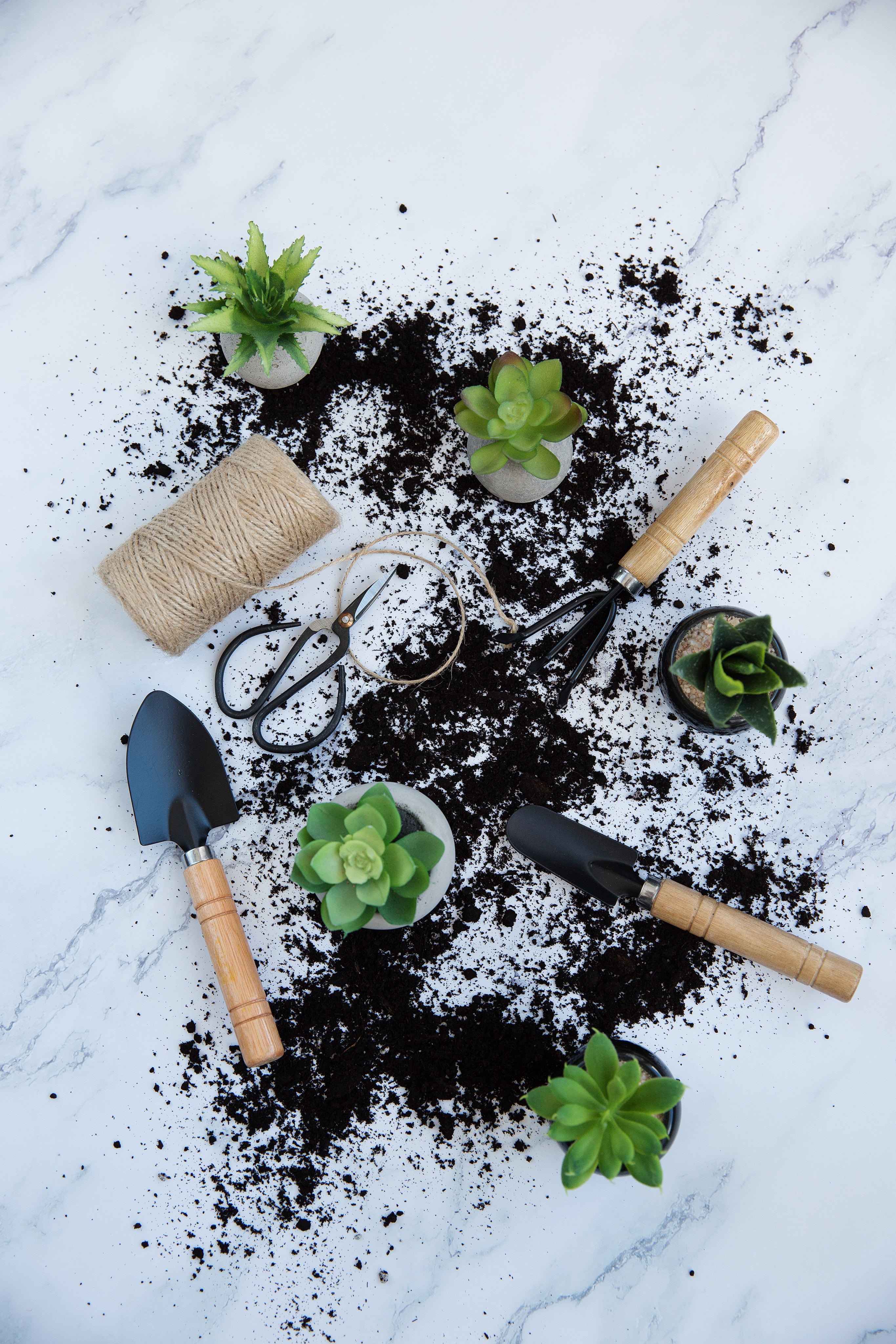 Terreau sur sol en marbre avec plantes et ustensiles à côté, illustrant la section FAQ de la cure de compléments alimentaires Sweet Control et du spray buccal Sweet Block, abordant livraison, retour de produit, garantie, modes de paiement et service après-vente.