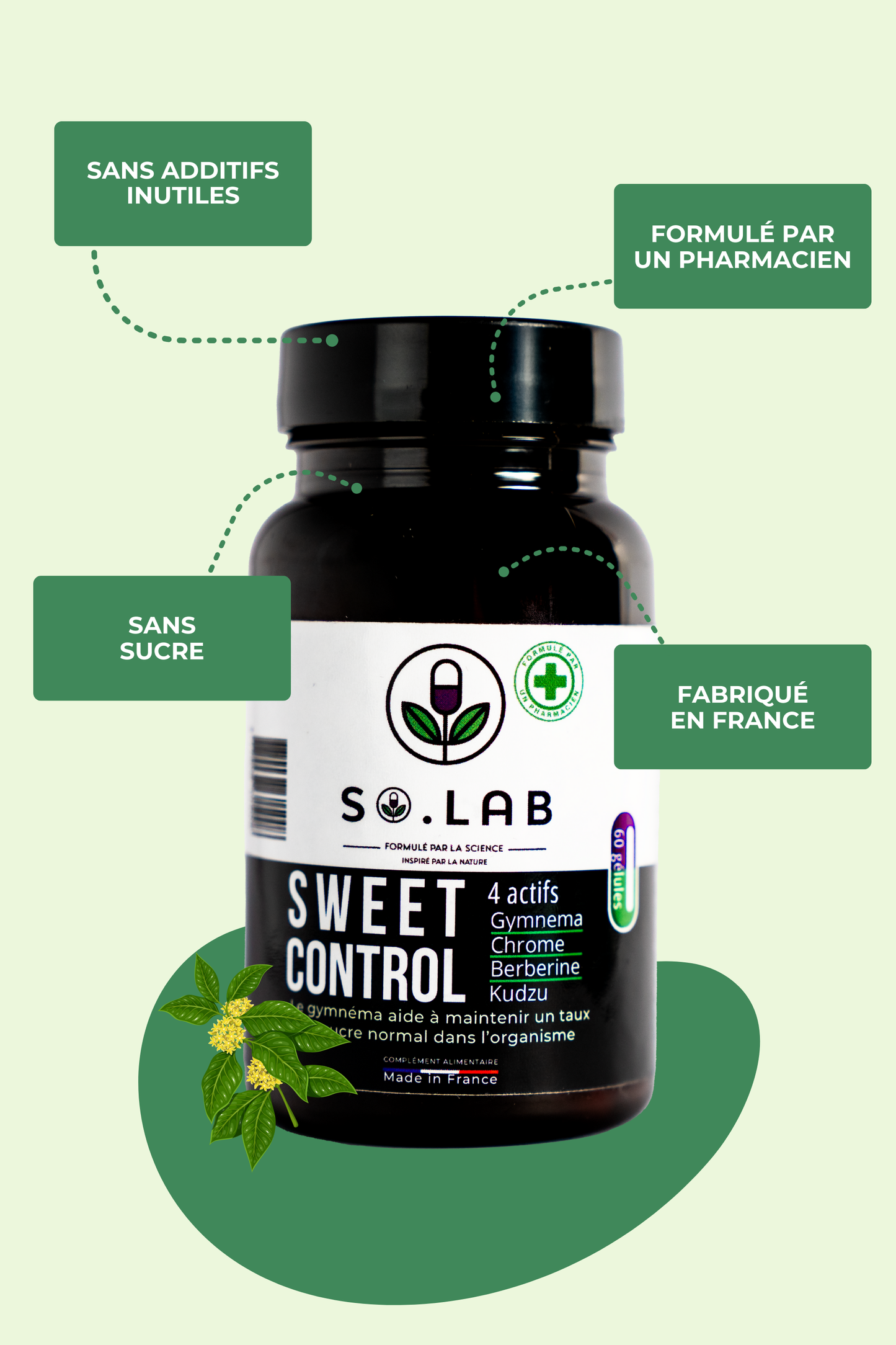 Complément Sweet Control avec ses bénéfices mis en avant : sans additifs, sans sucre, conçu par un pharmacien, fabriqué in France