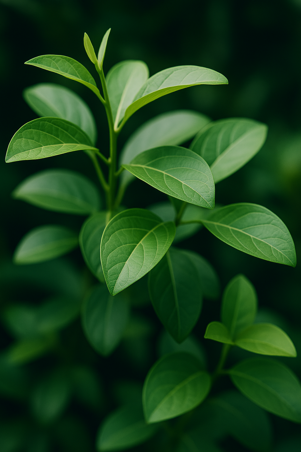 Feuilles de Gymnema sylvestre sur fond foncé – plante ayurvédique utilisée contre les fringales sucrées.