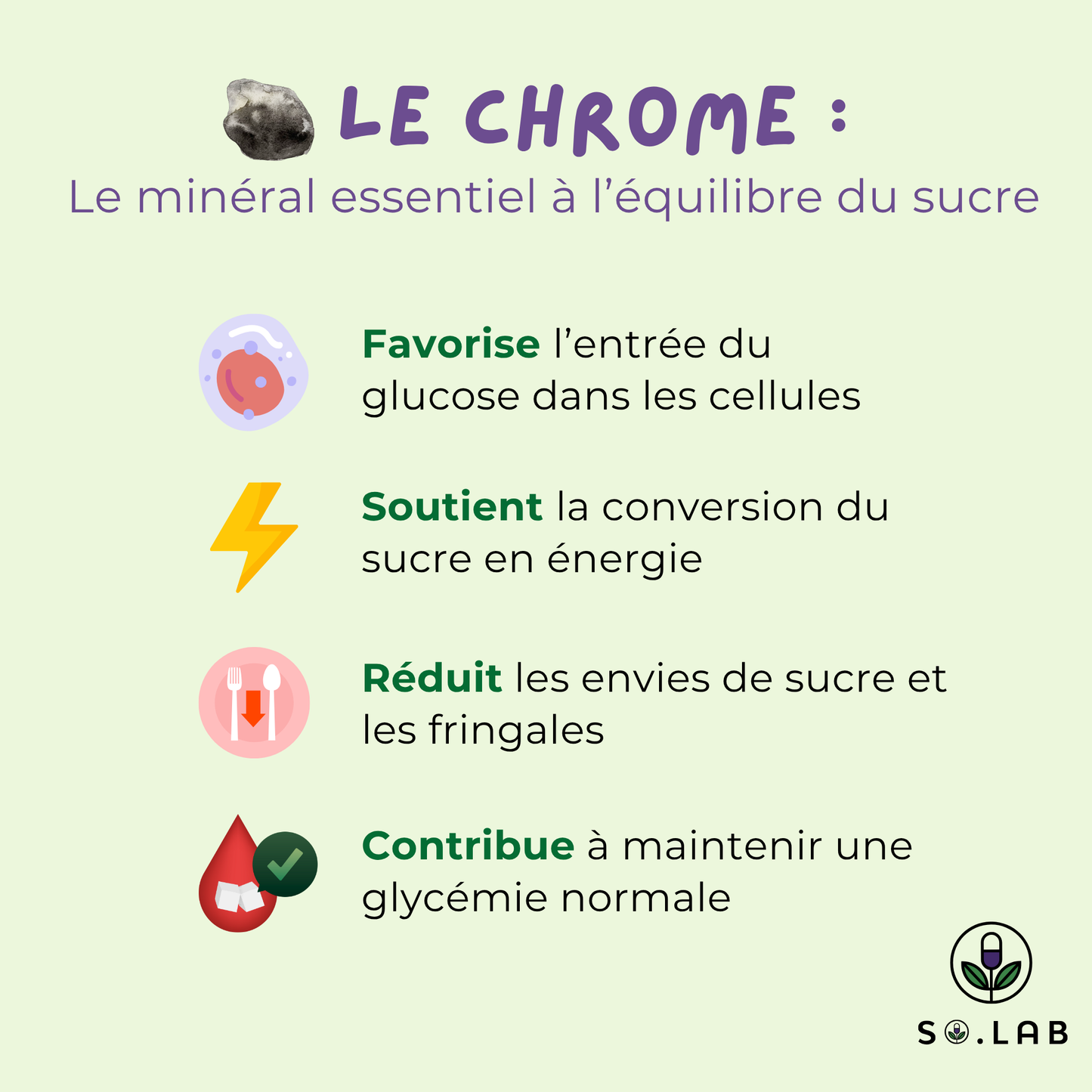 Découvrez le chrome, un minéral essentiel à l'équilibre du sucre qui favorise l'entrée du glucose dans les cellules, soutient la conversion du sucre en énergie, réduit les envies de sucre et les fringales et contribue à maintenir une glycémie normale. Retrouvez-les dans notre spray anti-sucre Sweet Block.