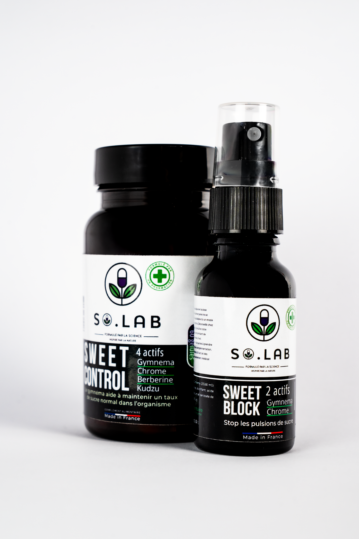 Pack So.lab avec le spray Sweet Block et les gélules Sweet Control, duo complémentaire contre les fringales sucrées.