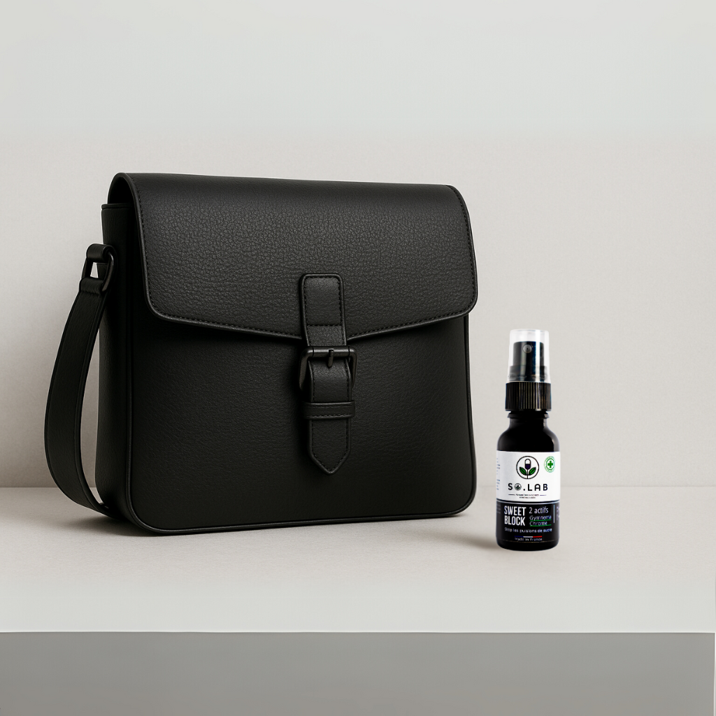 Sacoche en cuir pour homme sur fond neutre, avec à côté un spray Sweet Block anti-compulsions de sucre, illustrant la portabilité du produit.