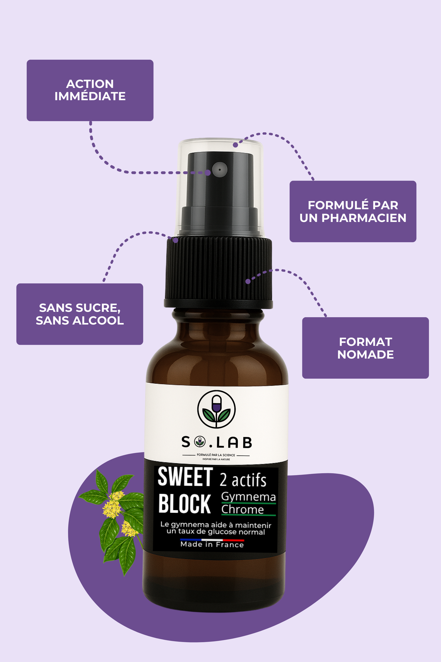 Présentation du spray Sweet Block avec ses points forts : action immédiate, sans sucre ni alcool, format pratique et formule développée par un pharmacien.