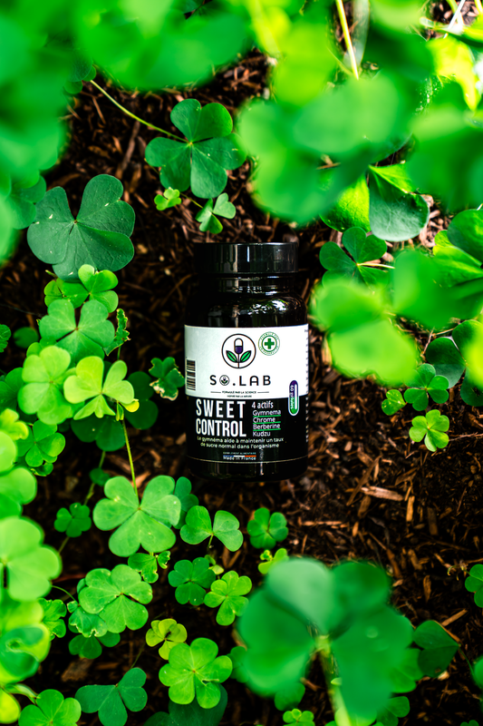 Complément alimentaire Sweet Control posé dans un environnement naturel avec trèfles, symbolisant sa composition à base de plantes.