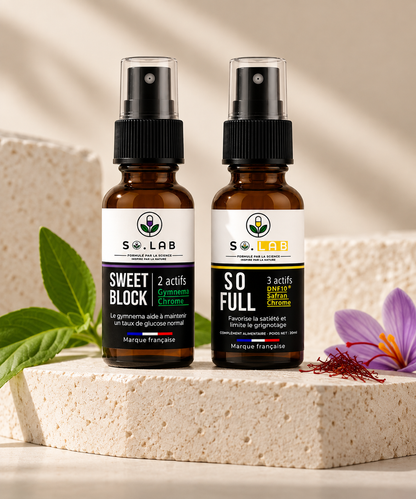 Découvrez notre pack pulsion qui permet de mettre fin à toutes les pulsions (sucre et grignotage) grâce à notre spray sweet block à effet immédiat et notre spray So'full satiété.
