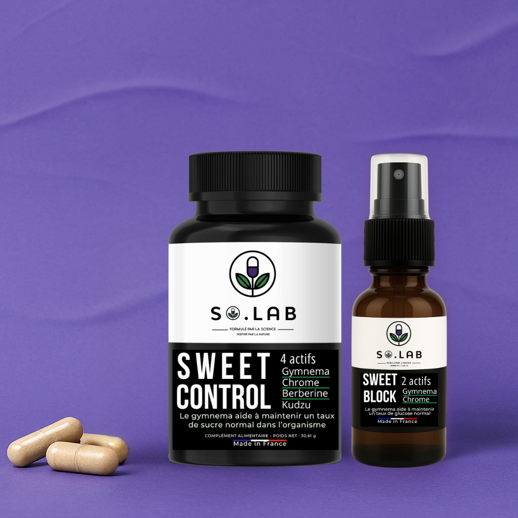 Spray anti-sucre Sweet Block et cure de complément alimentaire (sous forme de gélules) Sweet Control contre les envies sucrées et pour réguler la glycémie. Stop sucre