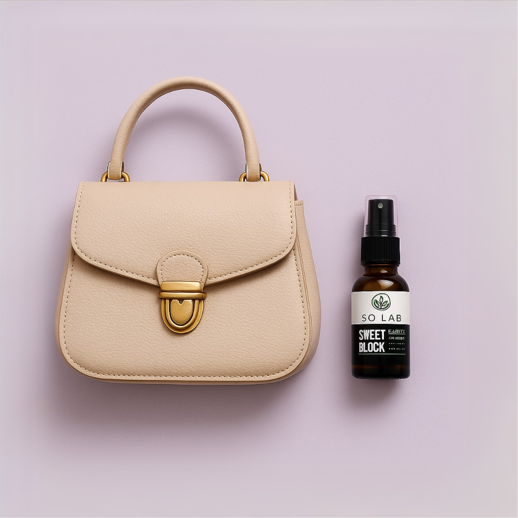 Petit sac à main de femme à gauche et spray buccal anti-compulsions de sucre à côté à droite, illustrant la petite taille du spray comparé au sac pour un transport facile.