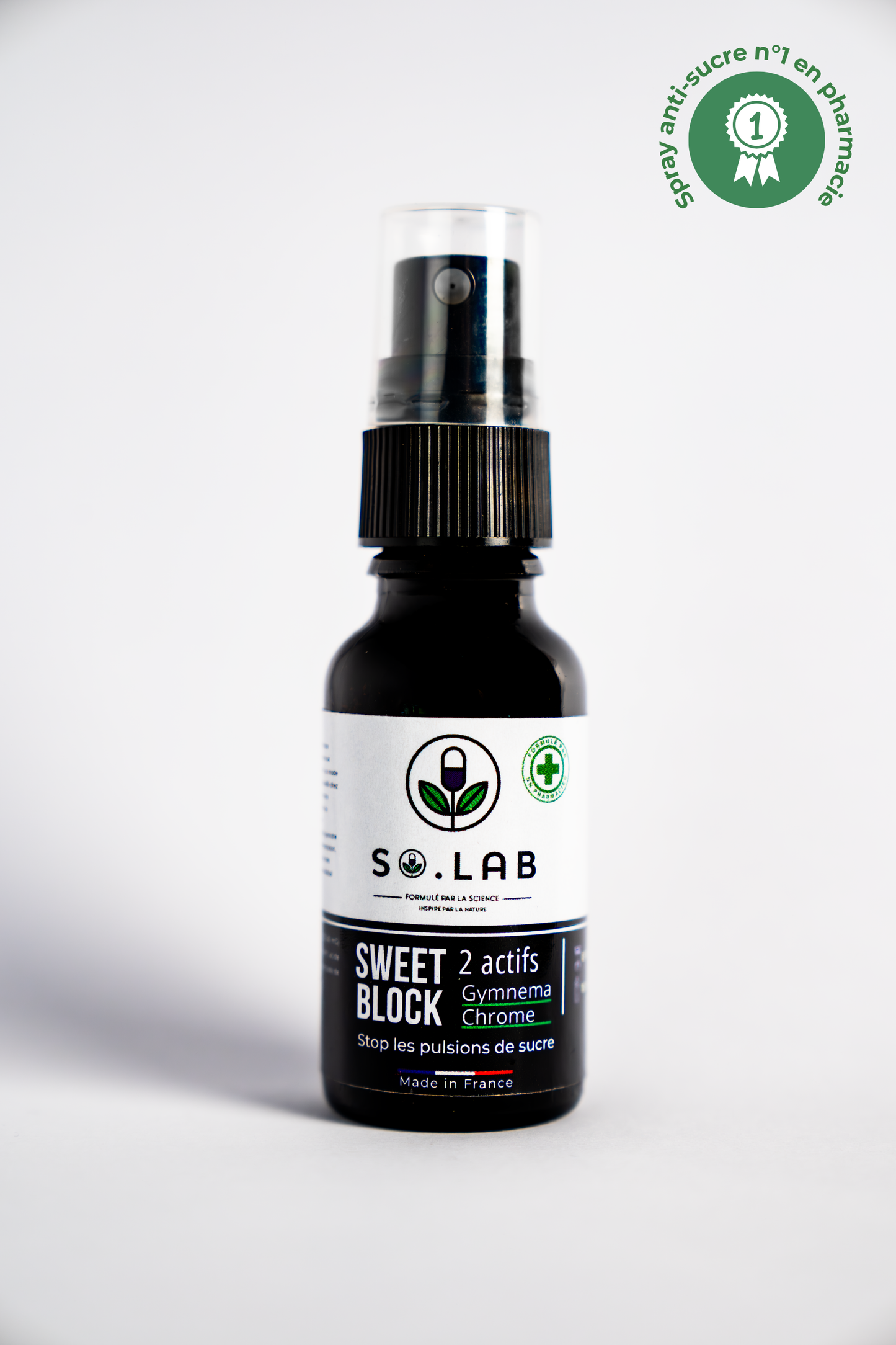 Spray anti-sucre Sweet Block à effet immédiat sur fond clair. Numéro 1 en pharmacie. Découvrez tous nos points de vente dans la page "Où nous trouver"