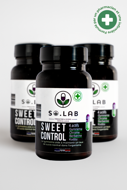 Trois boîtes de notre cure de compléments alimentaires Sweet Control. Notre cure permet de diminuer les envies sucrées sur le long terme.